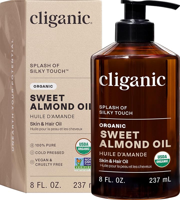 Óleo de amêndoas doces orgânico Cliganic, 100% puro, para pele e cabelo, 237 mL