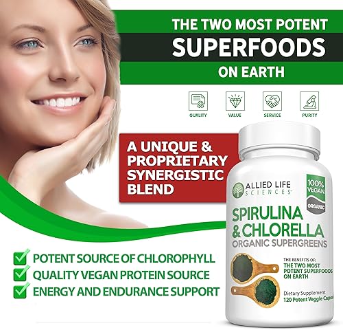 Miniatura 2 de Allied Life espirulina y clorela. Cápsulas de proteínas en polvo de clorofila veganas y orgánicas 120 cápsulas