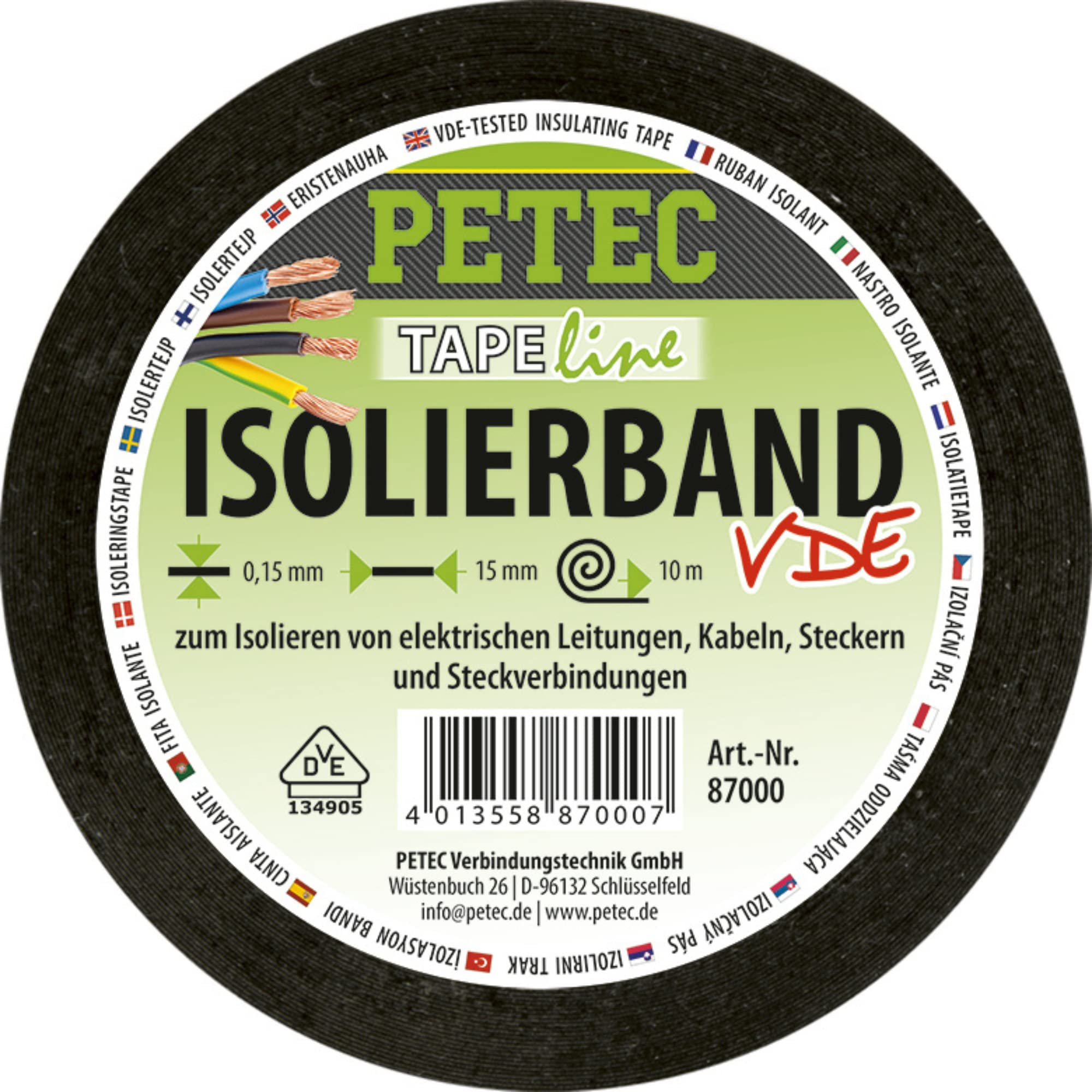 PETEC Isolierband 15 mm x 10 m – Schwarz, 0,15 mm Dicke, VDE-geprüft
