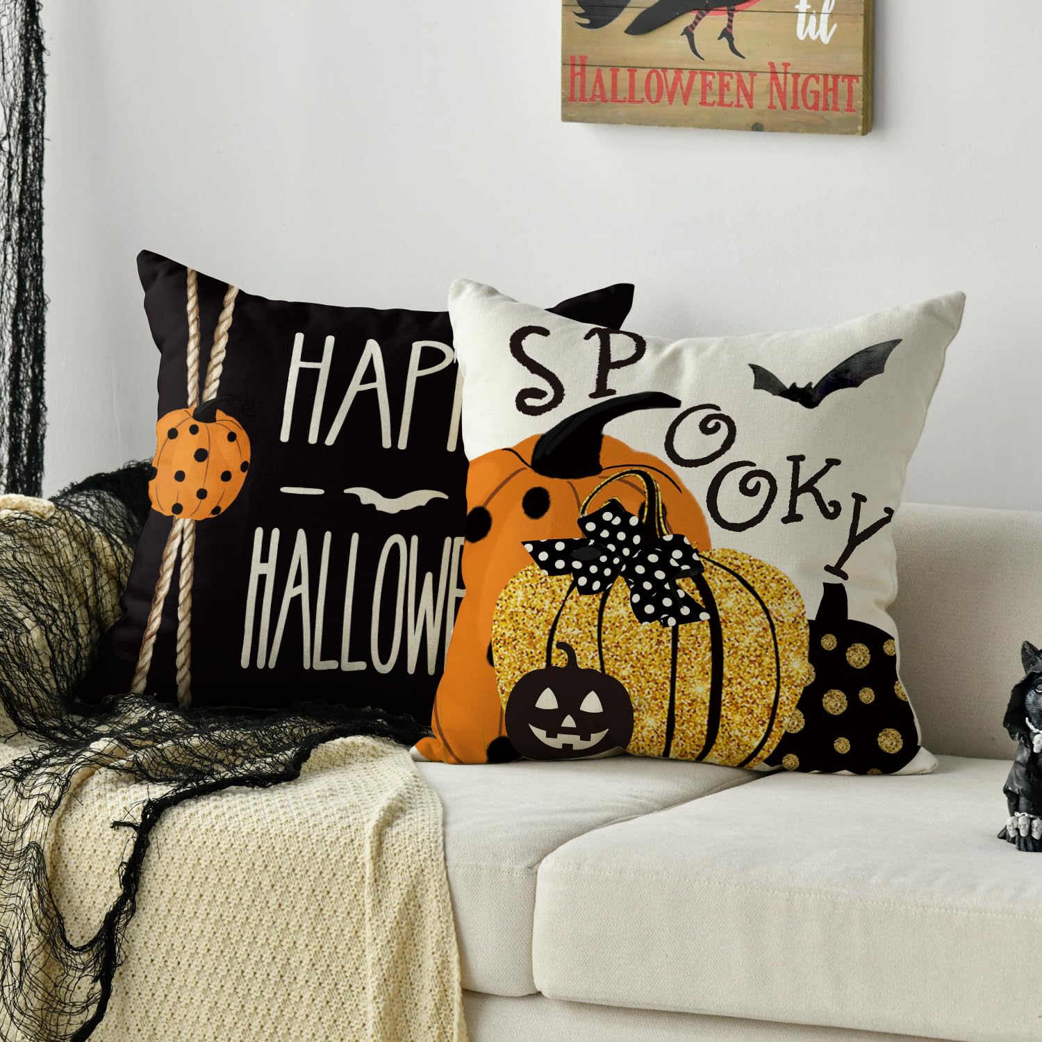 Happy Halloween Boo - Juego de 4 fundas de almohada con diseño de gato negro, 18 x 18 pulgadas, diseño de murciélago de calabaza espeluznante para sofá 5