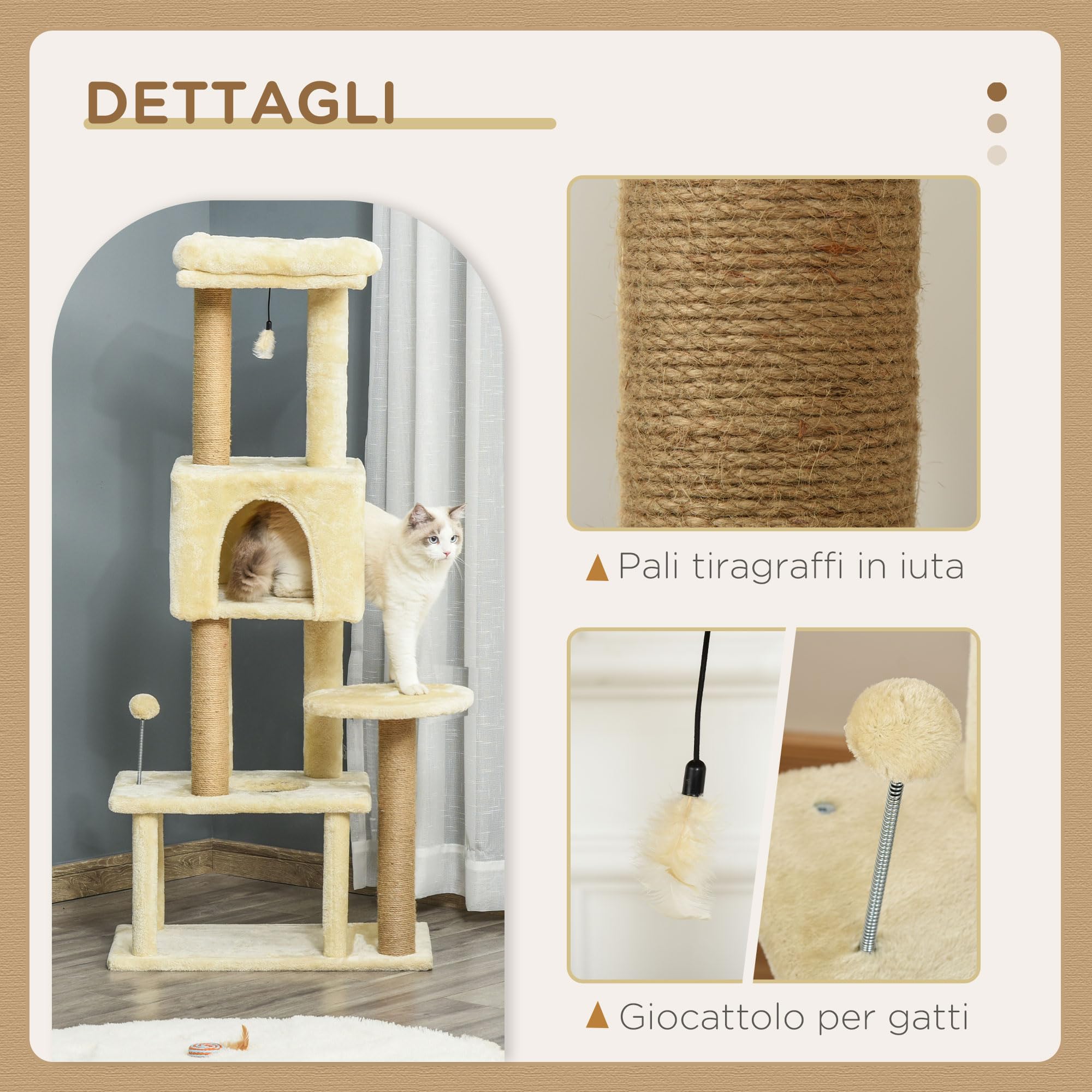 PawHut Albero per Gatti Adulti Tiragraffi 60x34x136 cm Beige | Cuccia Rimovibile, Tiragraffi per Gatti Multilivello, Pali in Iuta, 2 Cucce, Palle Giocattolo
