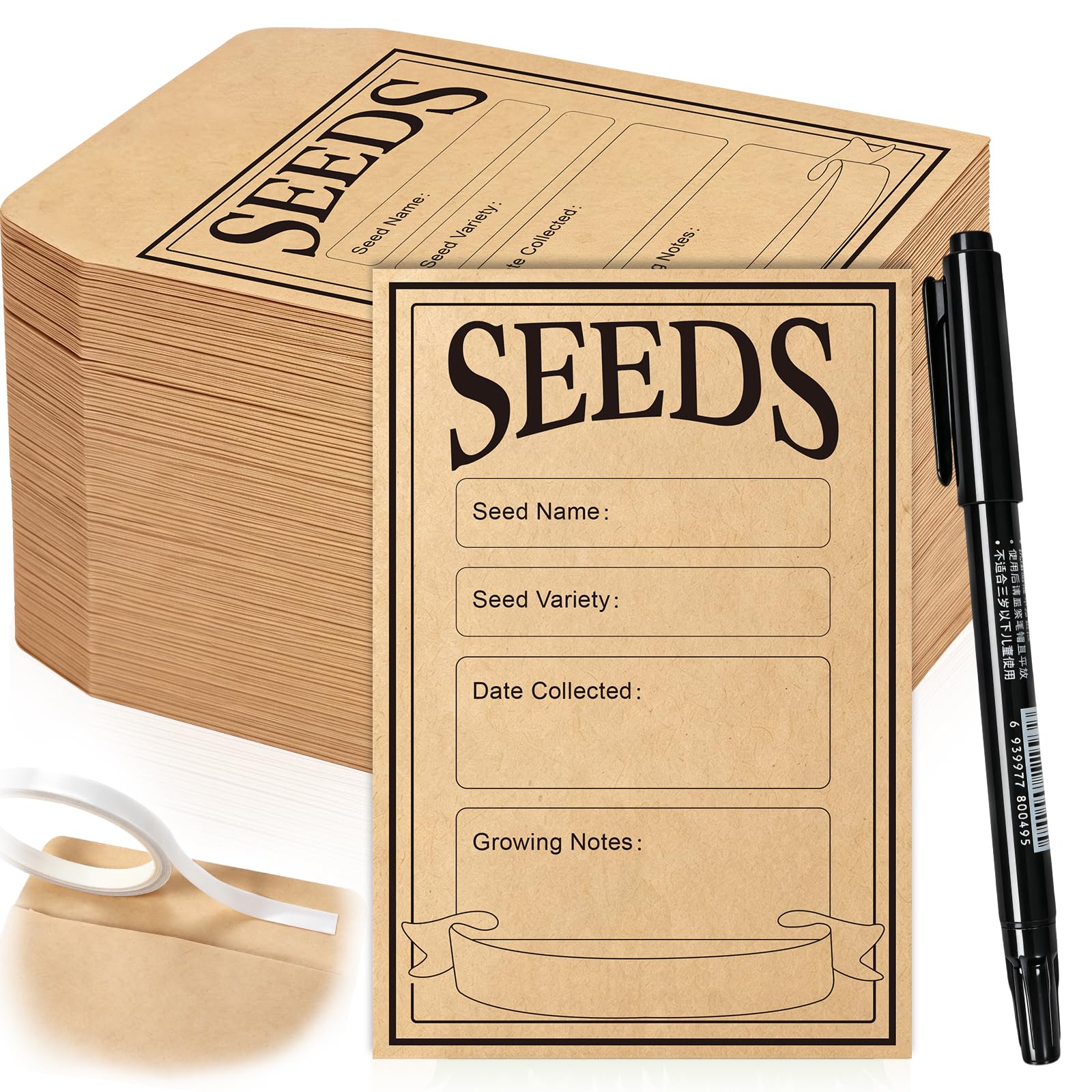 100PCS Seed Packets Envelopes Set, 8x12cm Small Brown Envelopes with Types Name Template, Self-Adhesive Sealing Seed Saving Envelopes for Vegetable Flower Seeds, with Marker & Tape(Seeds Not Included) โ image 1