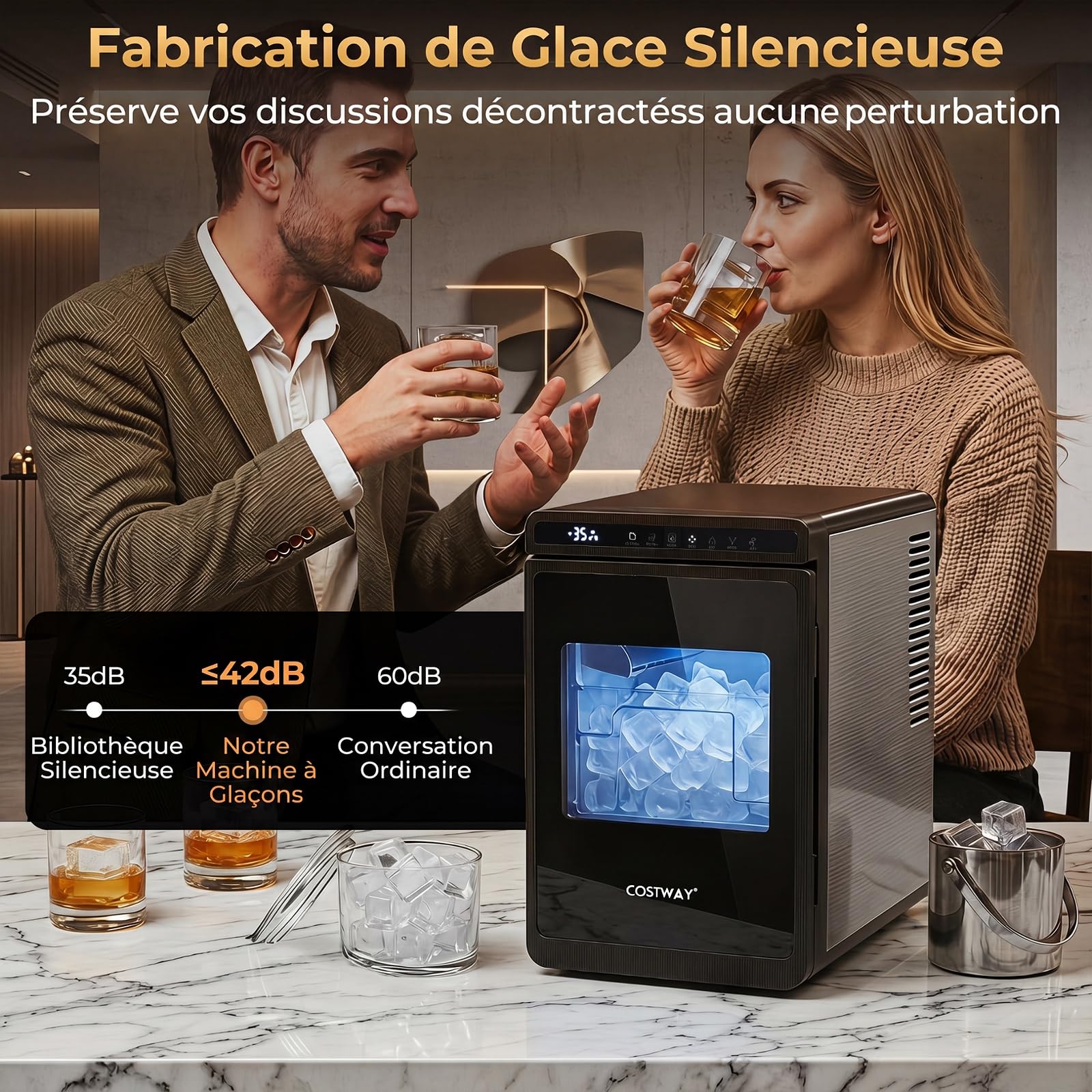 COSTWAY Machine a Glacons Transparents de Comptoir | Machine à Glace Silencieuse 12 kg/24h, Glaçons Carrés 4 cm à Fonte Lente, Épaisseur Réglable Auto-Nettoyage, Minuterie 24H
