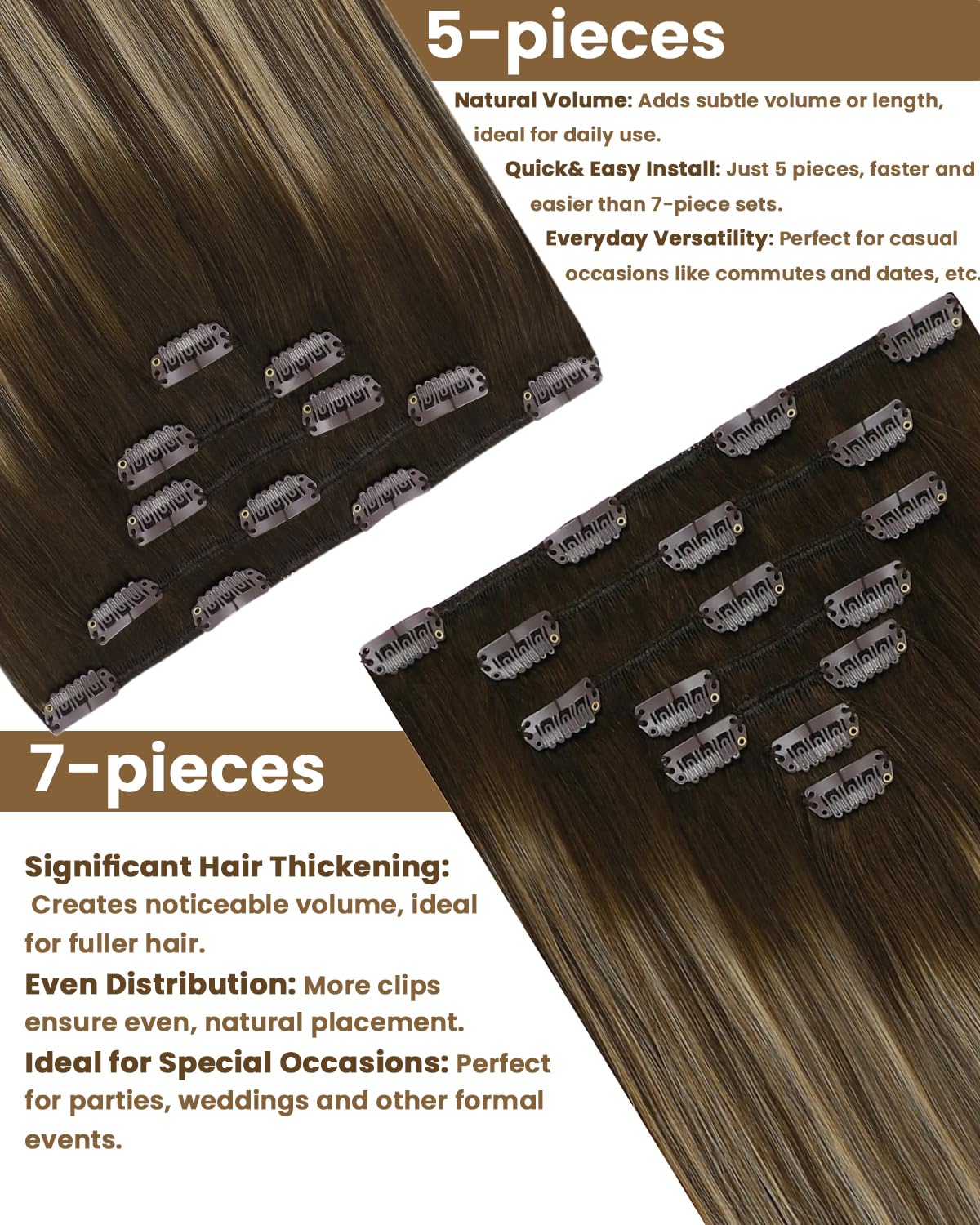 Hetto Extension Cheveux Naturel Clip Balayage Marron Foncé Extension Clip Cheveux Naturel Blond Caramel Invisible Humain Remy Lisse Légère et Confortable Usage Quotidien 30cm 80g 5pcs #4/27/4