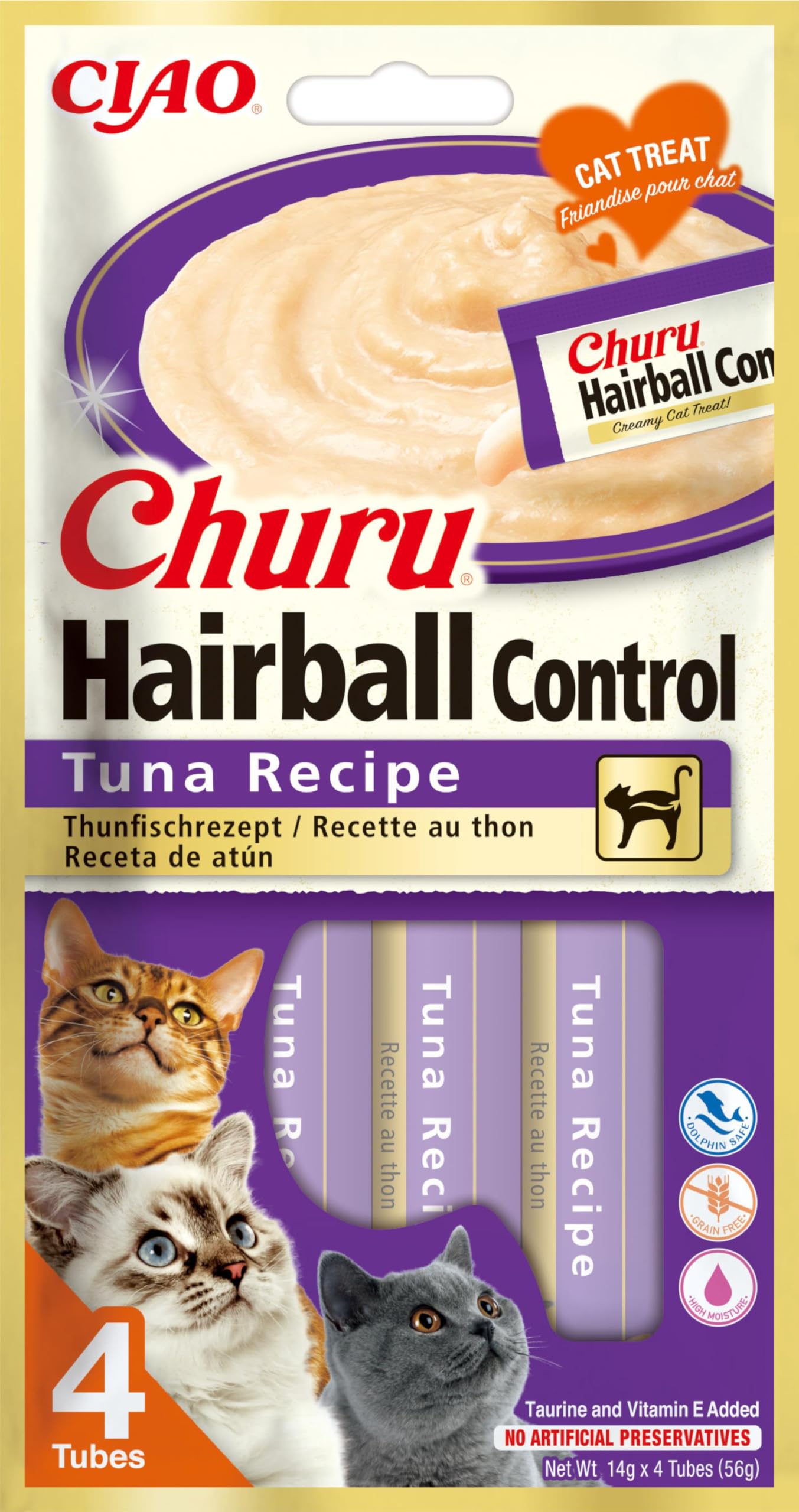 INABA Churu Hairball Snack Gatti per Prevenire le Palle di Pelo - Gusto Tonno, 4 Stick x 14g - Cibo per Gatti con Omega 3 e 6, Taurina e Vitamina E Contro i Boli di Pelo, Snack Funzionale