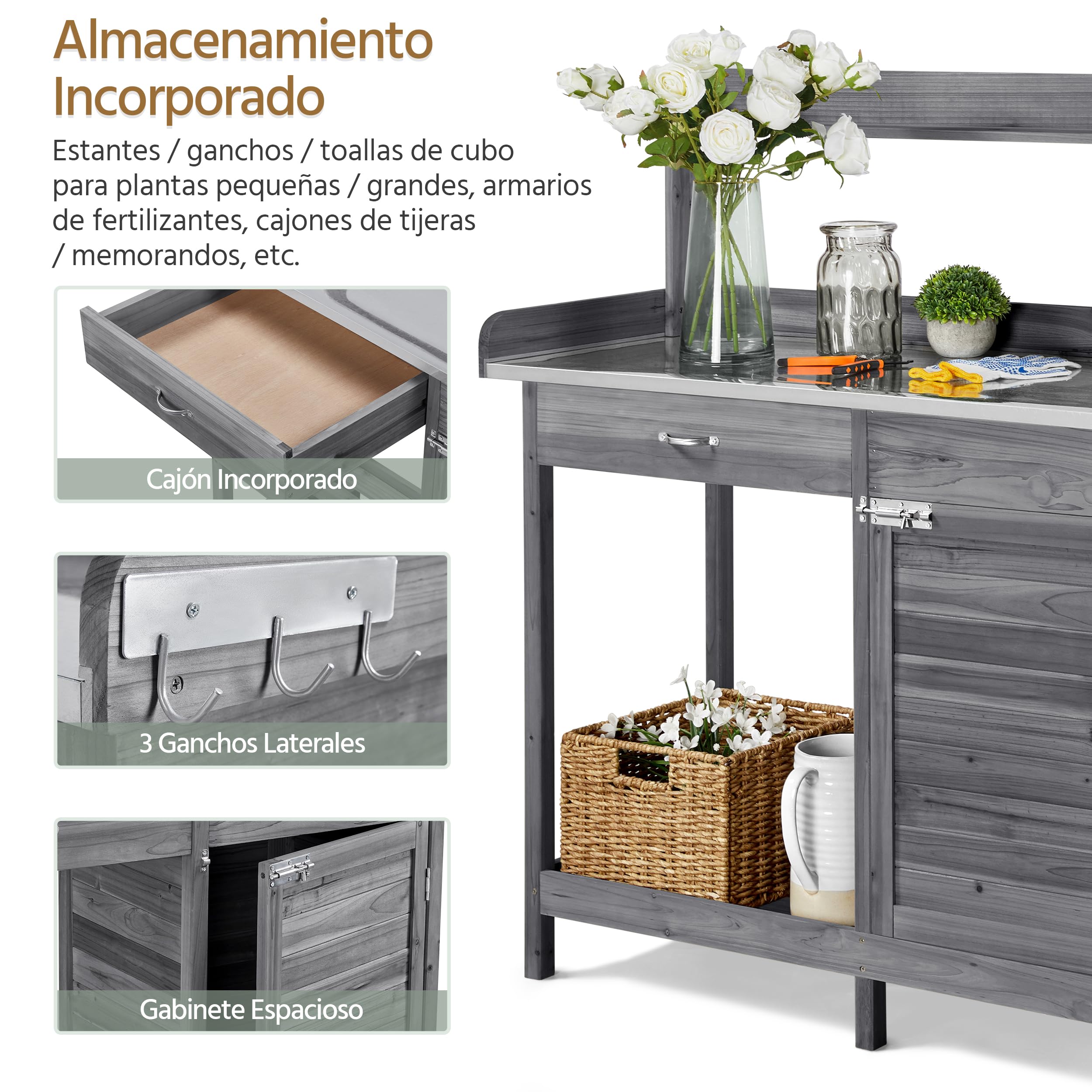 Yaheetech Mesa de Jardinería con cajón Estante Armario de Mesa Plantación 112 x 46,5 x 125 cm Gris