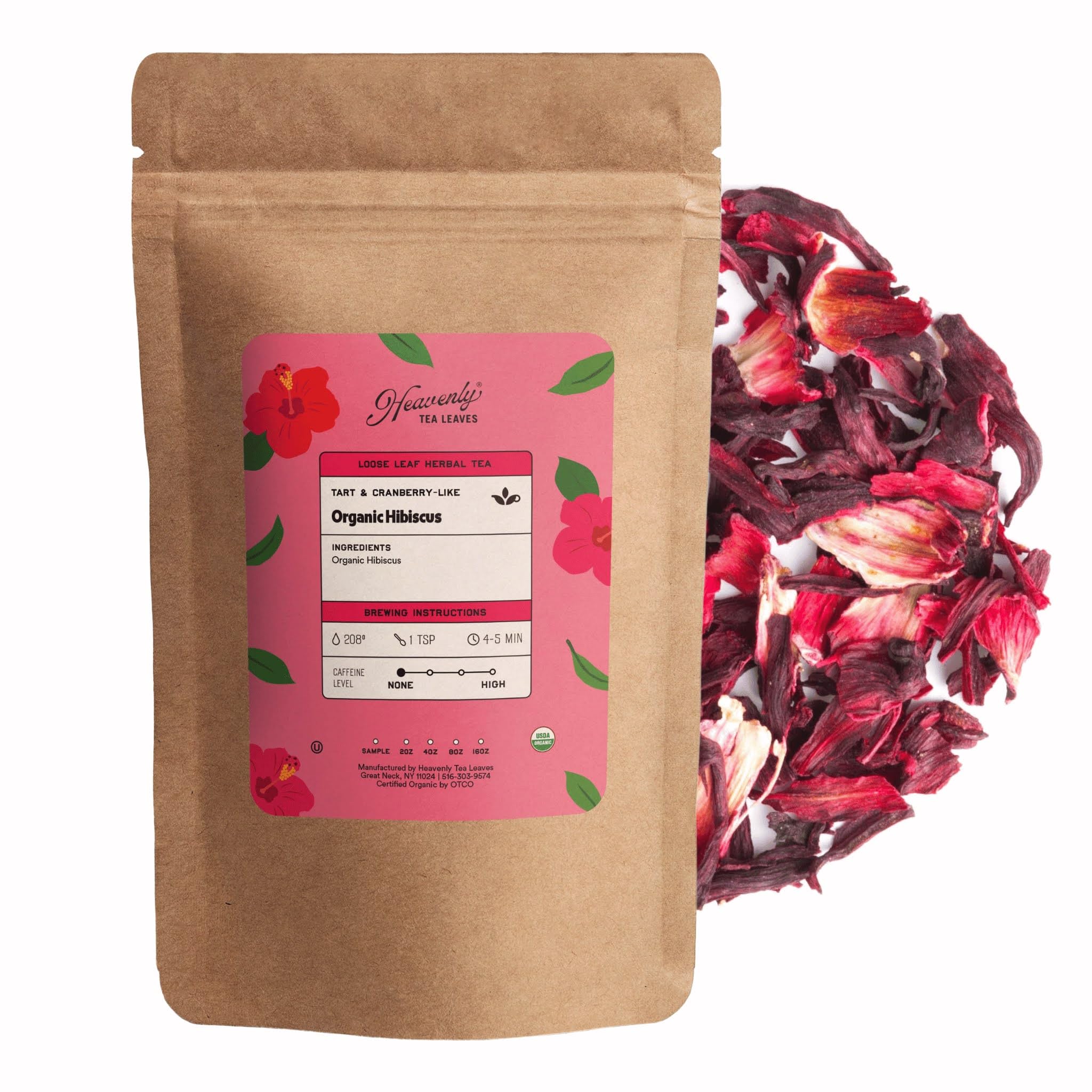 Heavenly Tea Leaves Organic Hibiscus, Loose Leaf Herbal Tea, 4 oz. (Approx. 50 Cups of Tea) – Tart, Fruity, Caffeine Free Herbal Tisane – Delicious Hot or Iced – Premium Quality Wellness Support