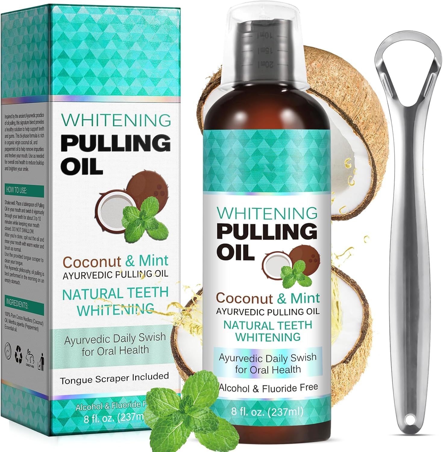Pulling with Coconut Oil for Mouthwash (8 fl.oz), Pull with Mint Oil for Teeth Whitening with Tongue Scraper, Pulling with Coconut Oil for Teeth, Fresh Breath, Healthier Teeth and Gums