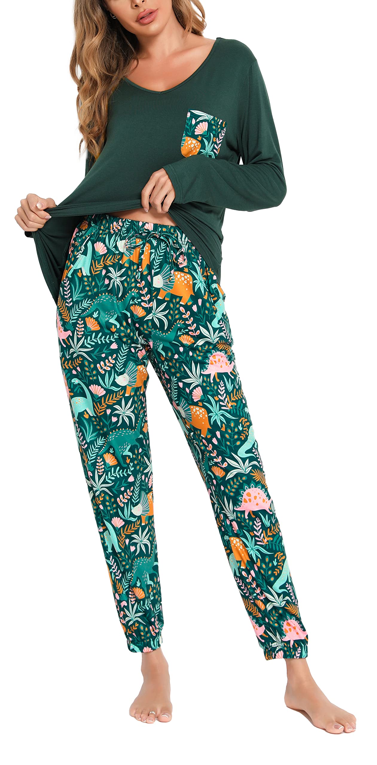 Lovasy Pigiama Donna Manica Lunga Pantaloni Lunghi Casual Scollo a V Top con Motivo a Pois Carino con Tasca Due Pezzi