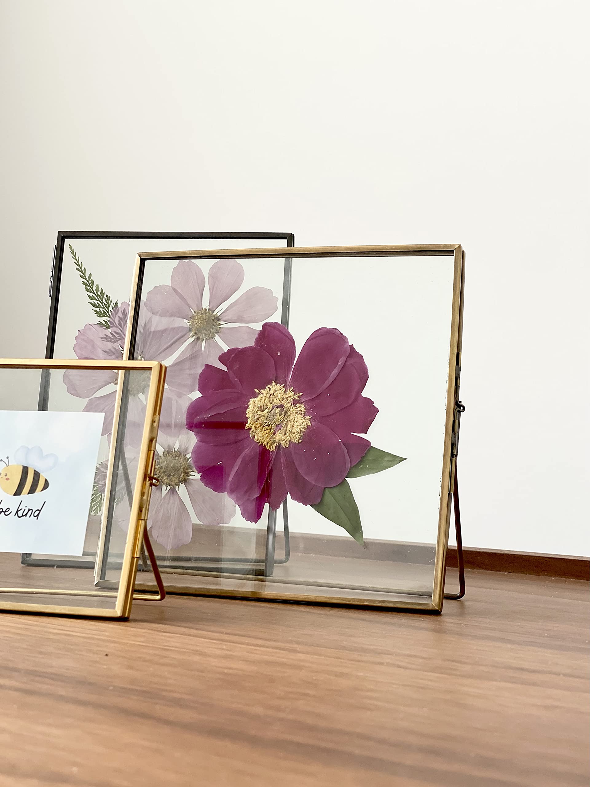 Beedecor Ramka na zdjęcia, 2 szt., podwójna, szklana ramka na zdjęcia z prasowanymi kwiatami, liśćmi i dziełami sztuki, kwadratowa metalowa ramka na zdjęcia 15 x 15 cm, przezroczysta pływająca, do