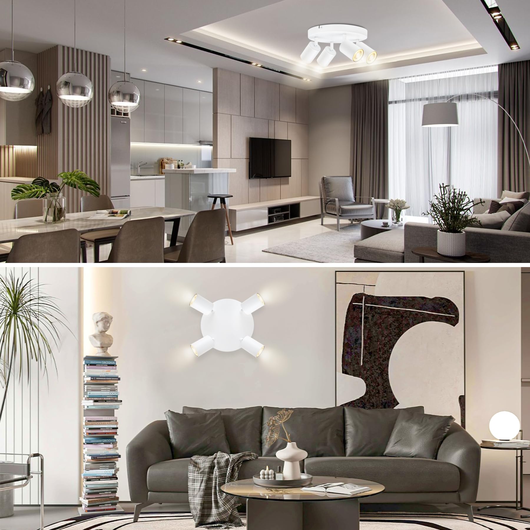GU10 Lámpara de Techo con 4 Focos, Foco de Techo LED Ajustables y Giratorios, Plafón Moderno Blanco para Salon, Dormitorio, Sin Bombilla
