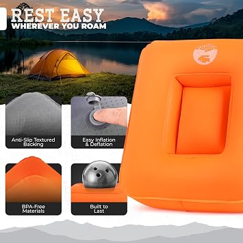 SkogzillaCo- Camping Inflatable Pillow Dual Chamber Ultralight Backpacking Pillow for Camping, Hiking & Travel, Blow Up Pillow with Adjustable Neck, Compact Portable- Orange