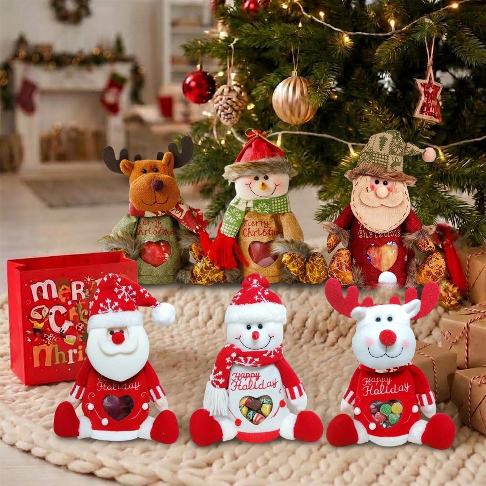 Christmas Gift Bags with Zipper, 3D Santa Snowman for Kids (A,6 PCS)