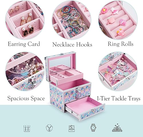 Miniatura 3 de Hododou Joyero organizador para niñas con cajón y espejo, estilo cola de sirena, estuche de almacenamiento con cerradura para niños o niñas