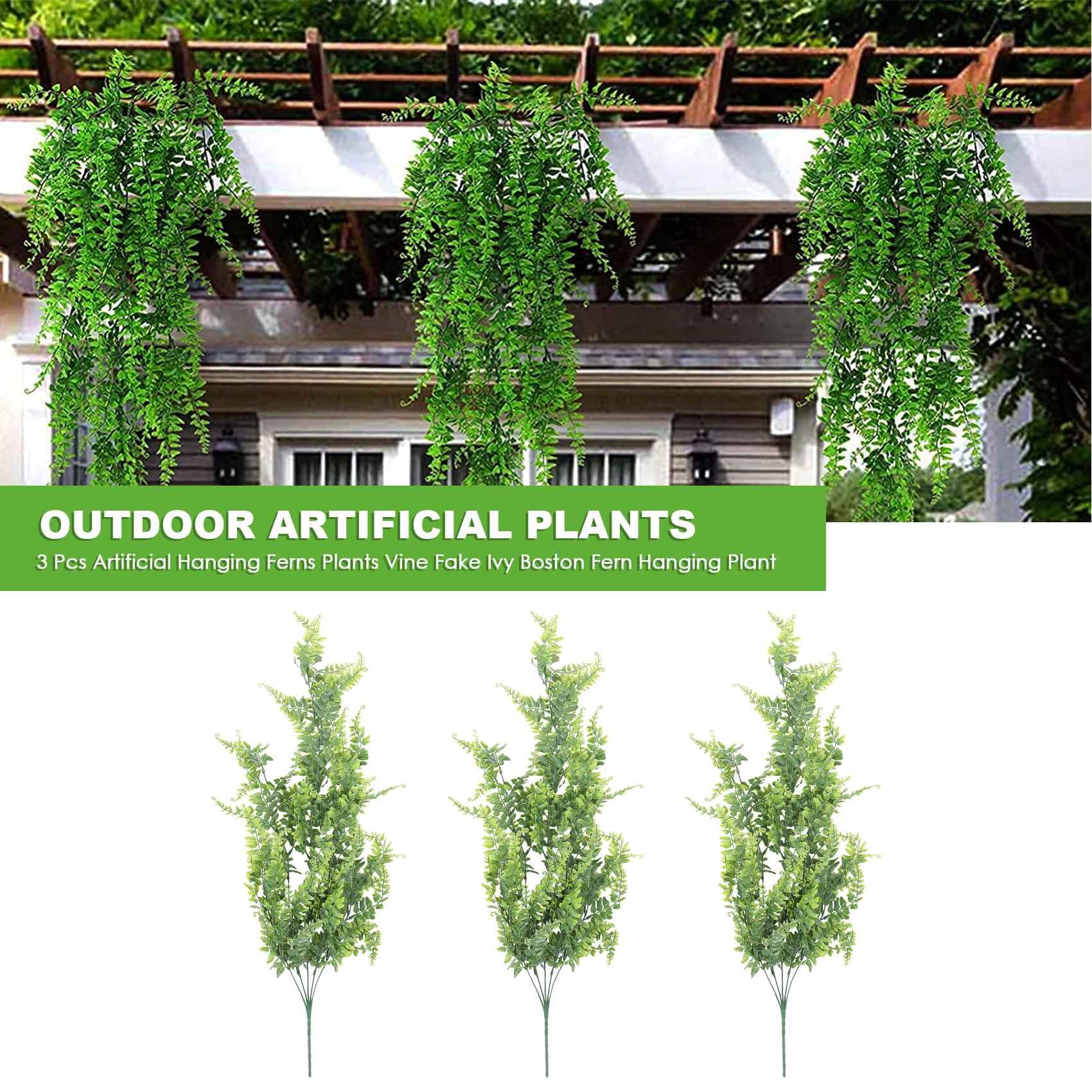 Qndanoan 3 Pcs Artificial Hanging Ferns Plants Vine Ivy Boston Fern Hanging Plant Outdoor UV Resistant Plastic Plants(Green) - Image 2