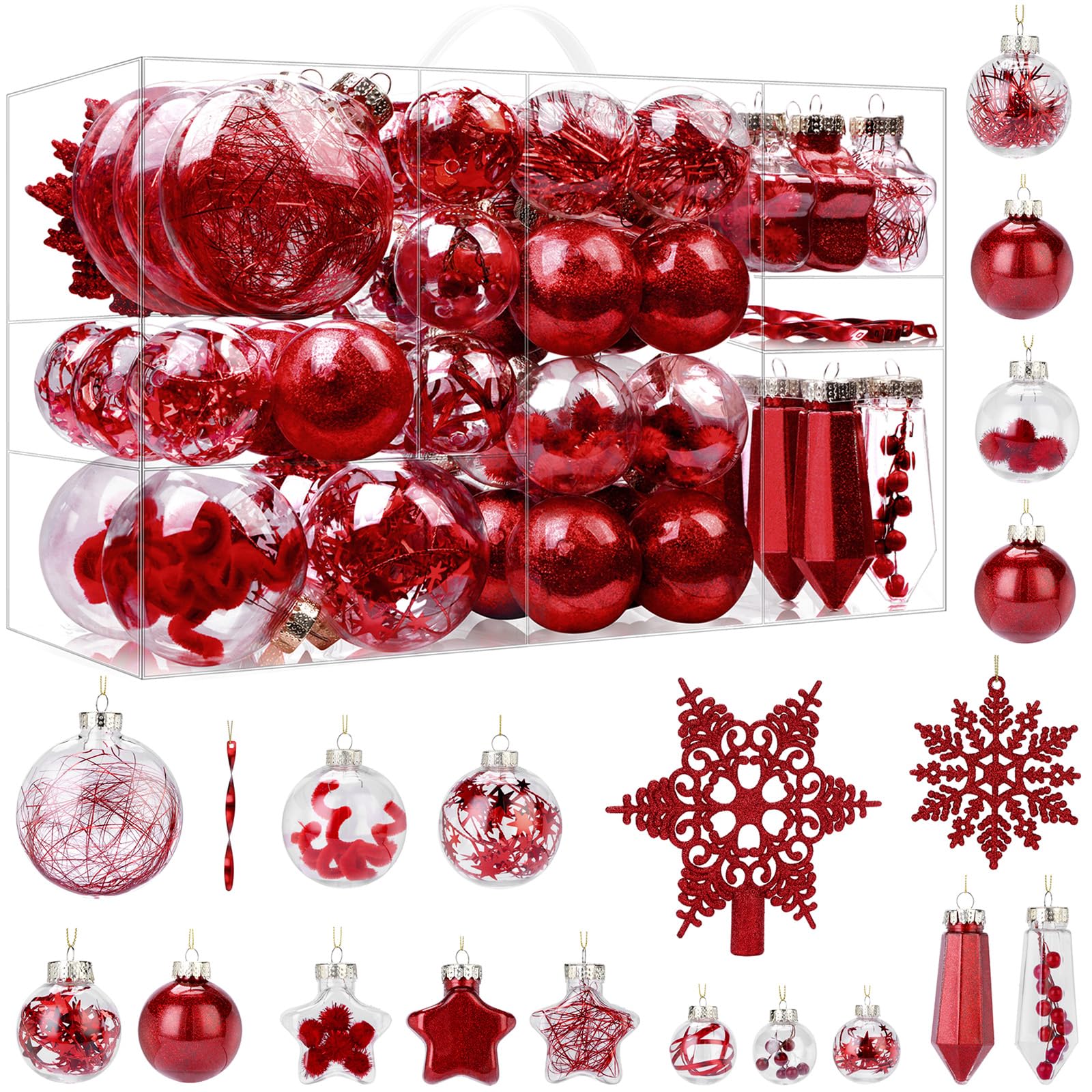 SHareconn 86PCS Christmas Balls Ornaments Set,Shatterproof Plastic Clear Decorative Baubles for Xmas Tree Decor Holiday Wedding Party Decoration, Red