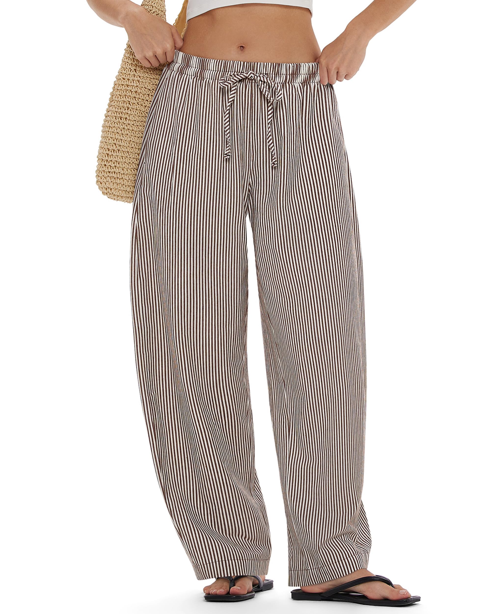 MOOSLOVER Women Linen Lightweight Barrel Pants Drawstring Comfort Casual Lounge Pants Baggy Loose Ankle Pants with Pocket