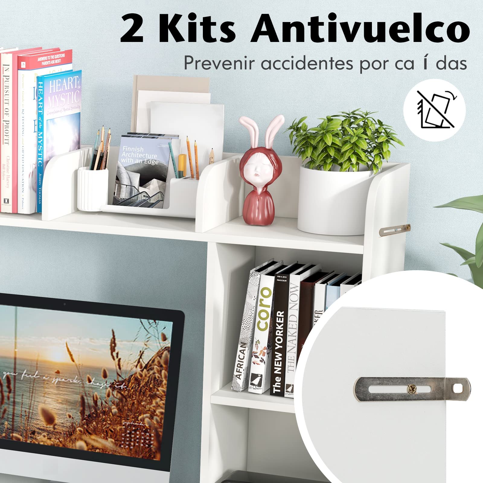 COSTWAY Estantería de Escritorio, 4 estantes y Compartimento Abierto Trasero, Organizador de Almacenamiento de Escritorio, Anti-vuelco, 94 x 25 x 74 cm (Blanco)
