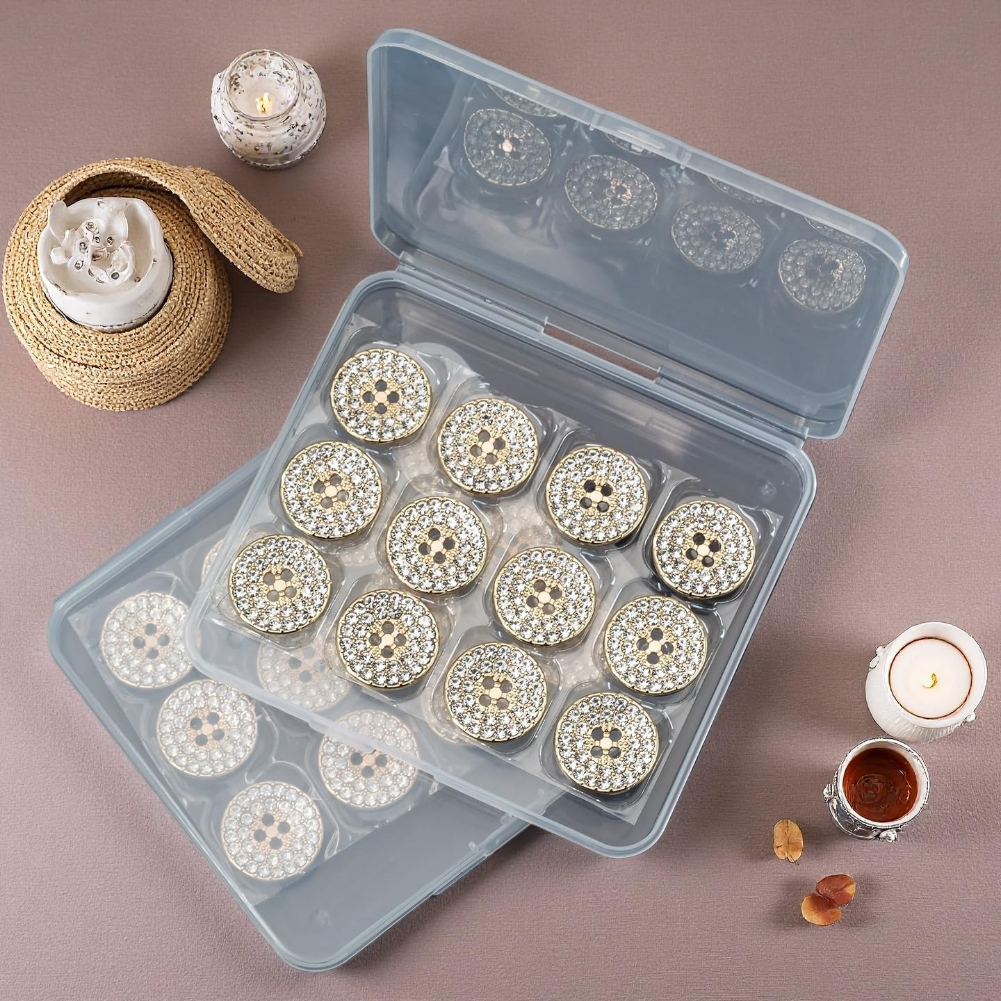 12-Pack Round 4-Hole Full Rhinestone Buttons Shiny Back, Crystal-Front Design for Clothing & Crafts Button for Coat Dress (Gold, 25mm(40L))