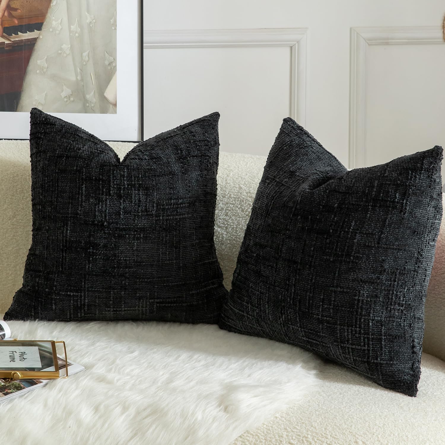 MANDIOO Pack of 2 Soft Chenille Textured Throw Pillow Covers Square Accent Solid Decorative Cushion Cover Cozy Farmhouse Pillow Case for Couch Sofa Bed Living Room 22x22 Inch Black