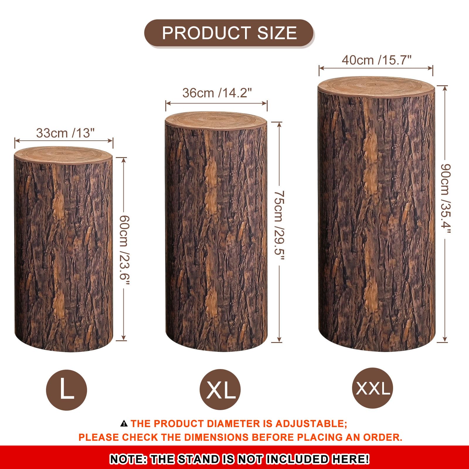 QUARKZMAN Set of 3 Housses De Socle Cylindrique Texture Bois, Housse De Socle Pour Décoration De Fête Mariage Anniversaire, Contient Uniquement (Tissu Élastique - Grand)