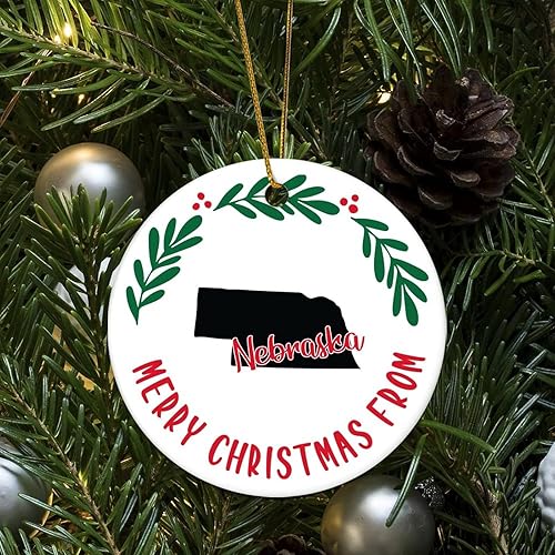 Miniatura 3 de Adorno de Navidad del estado de Nebraska con texto en inglés Merry Christmas de Nebraska, adorno de Navidad redondo de 3.2 pulgadas, estampado en