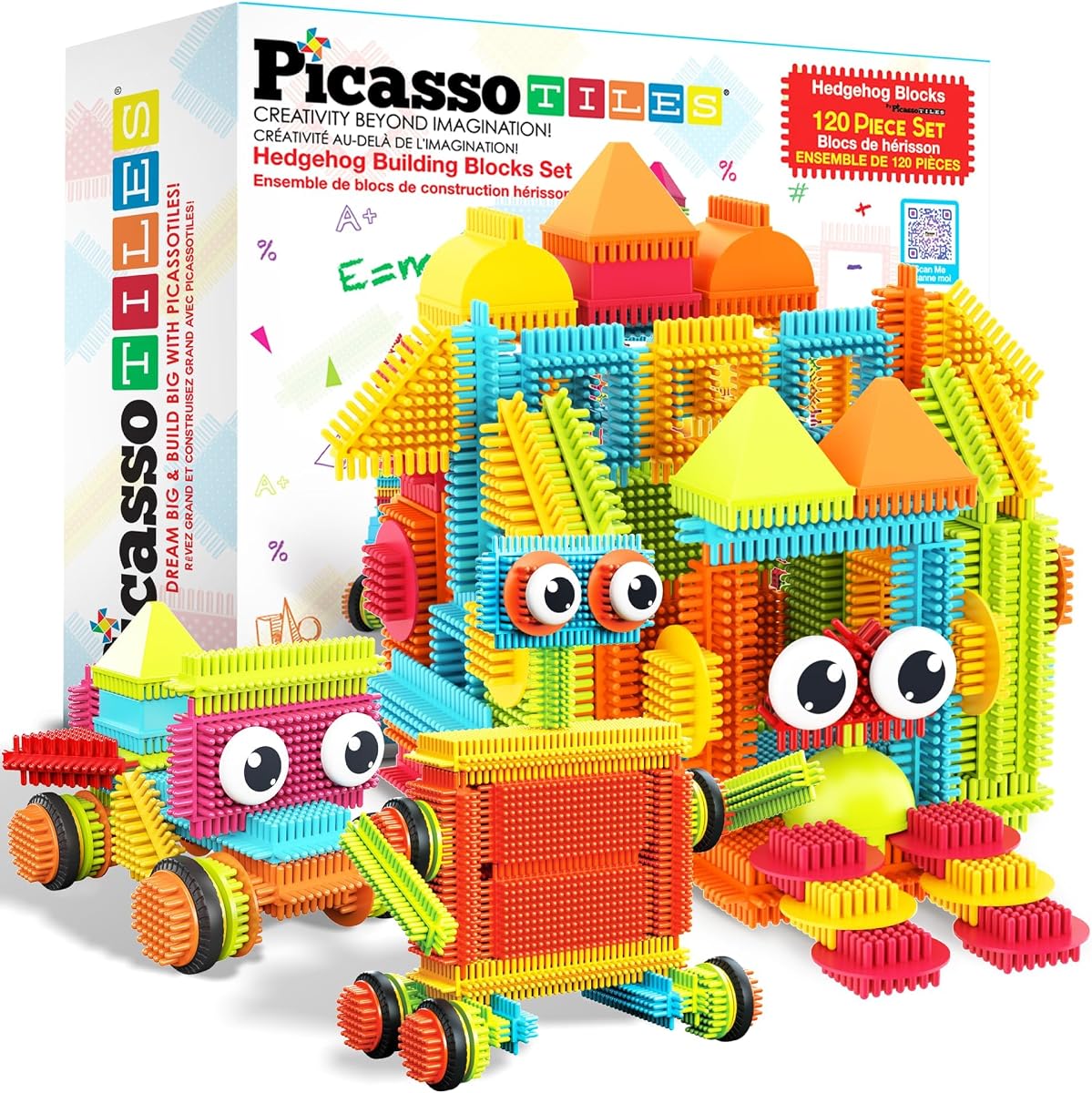 PicassoTiles 120 piezas de bloques de construcción entrelazados de erizo, juego de juguetes de construcción de azulejos, juego de aprendizaje, desarrollo STEAM, juguete preescolar para jardín de infantes para niños de 3 años en adelante PTB120 | Textura suave y gomosa, formas fáciles de conectar, material sin BPA y sin plomo, más de 20 diseños en 3D, coordinación mano-ojo y juego de clasificación