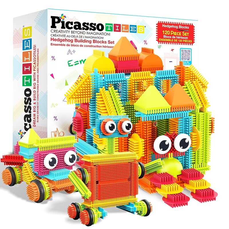 PicassoTiles 120pcs Hedgehog Interlocking Building Blocks Tiles Construction Toy Set Learning Playset STEAM Development Preschool Kindergarten Toy for Kids Age3+ PTB120 Multicolored