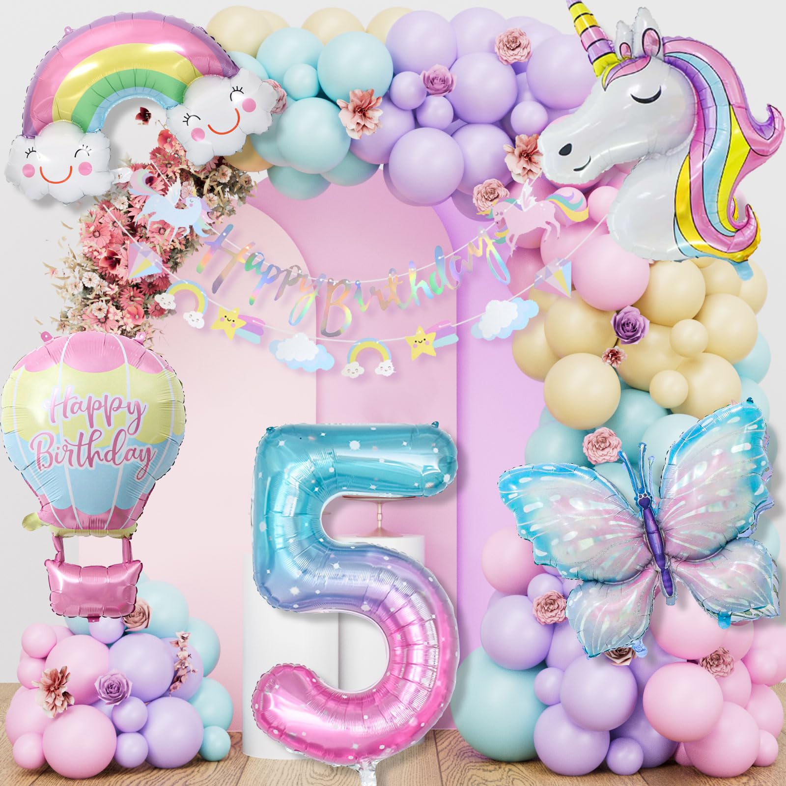 Einhorn Geburtstagsdeko Mädchen, 5 Jahre Schmetterling Geburtstag Deko, Einhorn Deko Kindergeburtstag, 1-10 Jahre Happy Birthday Deko, Einhorn Luftballons für 5. Geburtstag Mädchen Deko