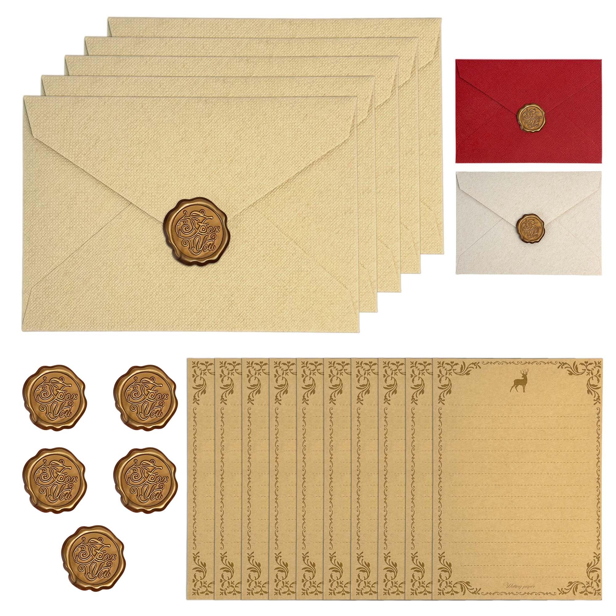 ZSSZD Vintage Writing Paper and Envelopes Set, 5Pcs Pretty Envelopes with 5 Wax Seal Stickers, 10 A5 Letter Paper for Love Letters Birthday Wedding Invitation Greeting Cards Christmas