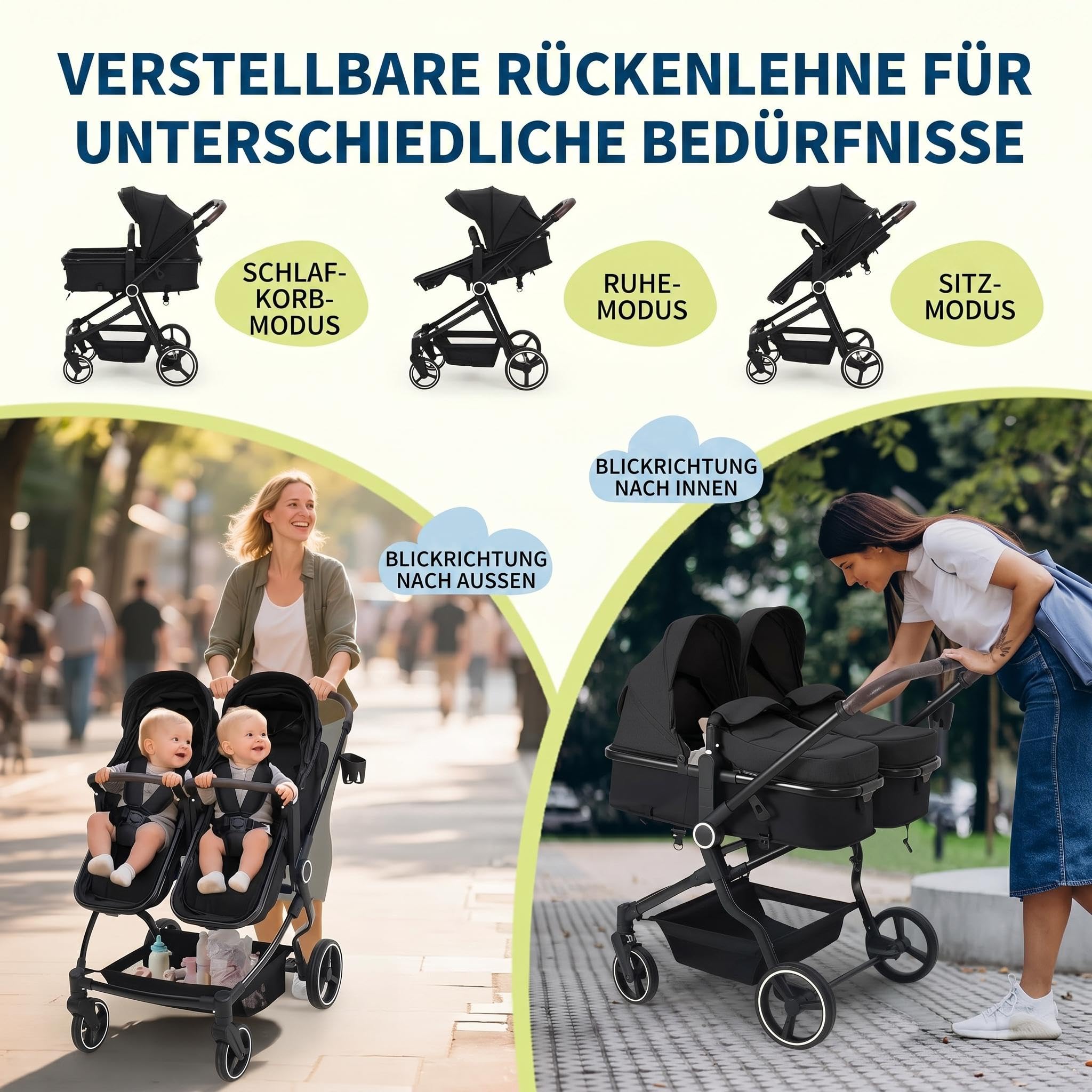 GarveeHome Geschwisterwagen Duo Side by Side Für Zwillinge, Leichter, Kompakt Faltbarer Zwillingskinderwagen Mit Hohem Babywagen Gestell, Verstellbarem Sonnendach & Liegeposition Für Kleinkind