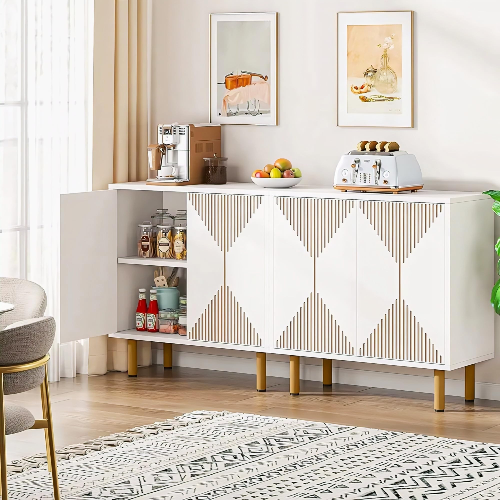 Geometric Pattern Solid Wooden Sideboard Cabinet | 2 Door Storage Unit with Metal Legs | Premium HDMR Wood Console Cabinet for Living Room, Kitchen & Dining | DIY Leg Assembly | White-image-23