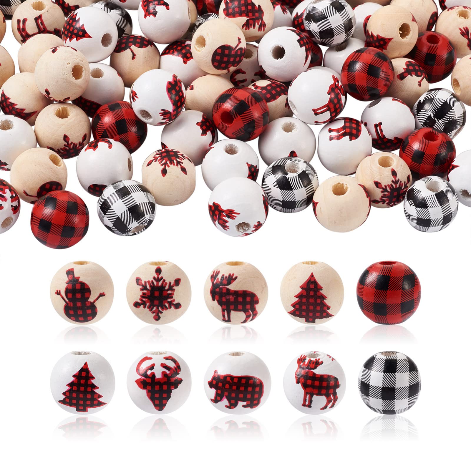 PandaHall 100pcs Christmas Wooden Beads 16mm Large Hole Christmas Tree & Reindeer & Snowflake & Tartan Pattern Wood Loose Spacer Beads for Home Decor DIY Art Craft Project โ image 1