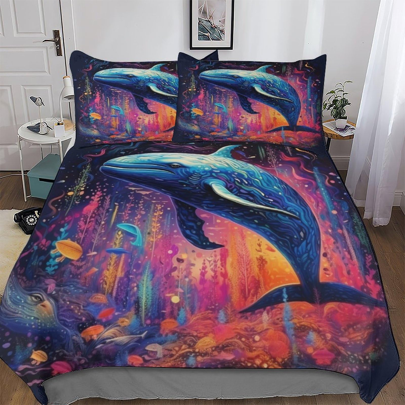 Whale Duvet Cover Set 3 Pieces, 3D Print Bedding Comforter Cover with Pillowcases Soft Microfiber Easy Care Quilt Cover for Boys Girls Kids Bedroom King (220x240cm) — image 1
