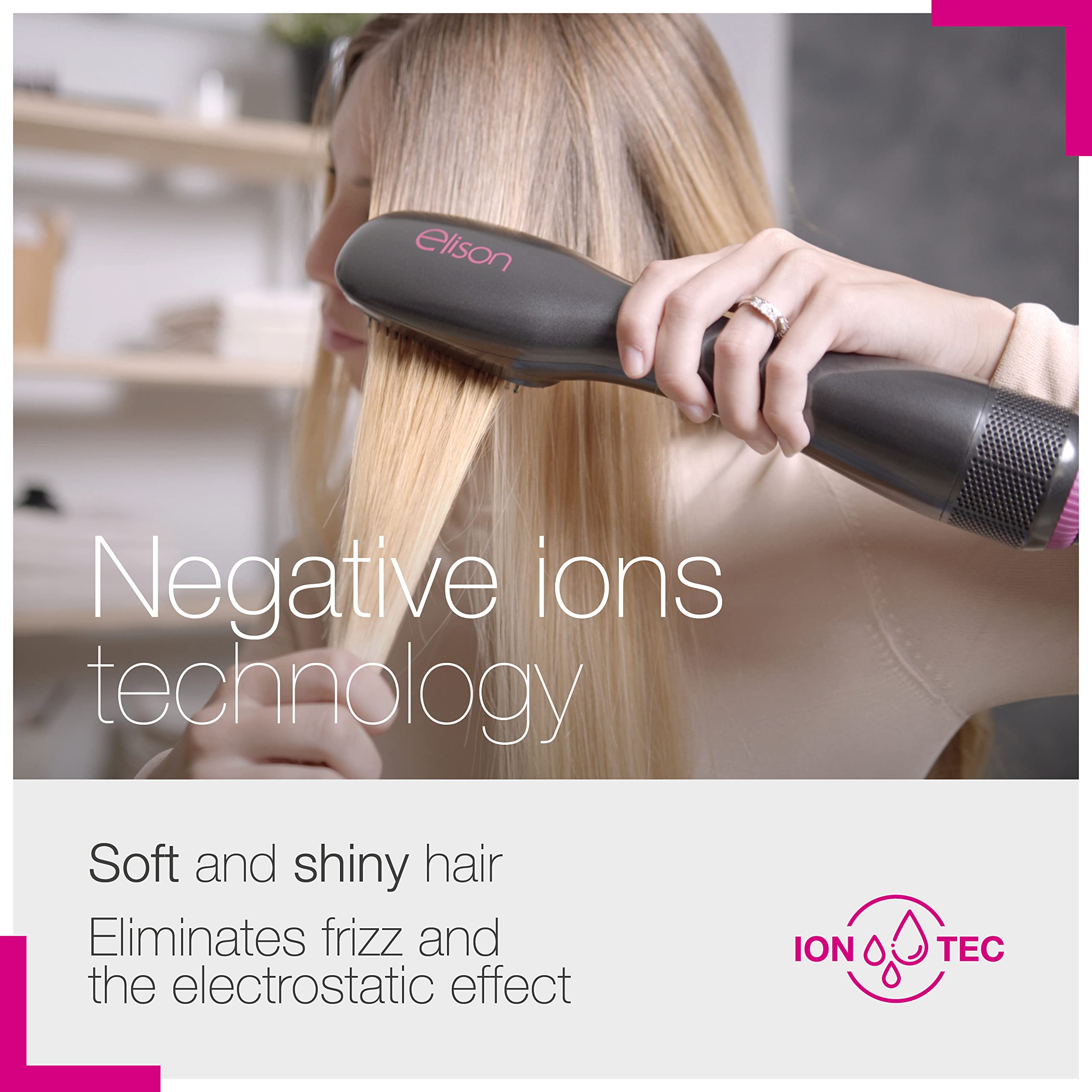 ELISON Cepillo eléctrico alisador de aire integrado, tecnología de iones negativos, 2 tamaños de cerdas, temperatura ajustable, funda blanda incluida, color negro/fucsia