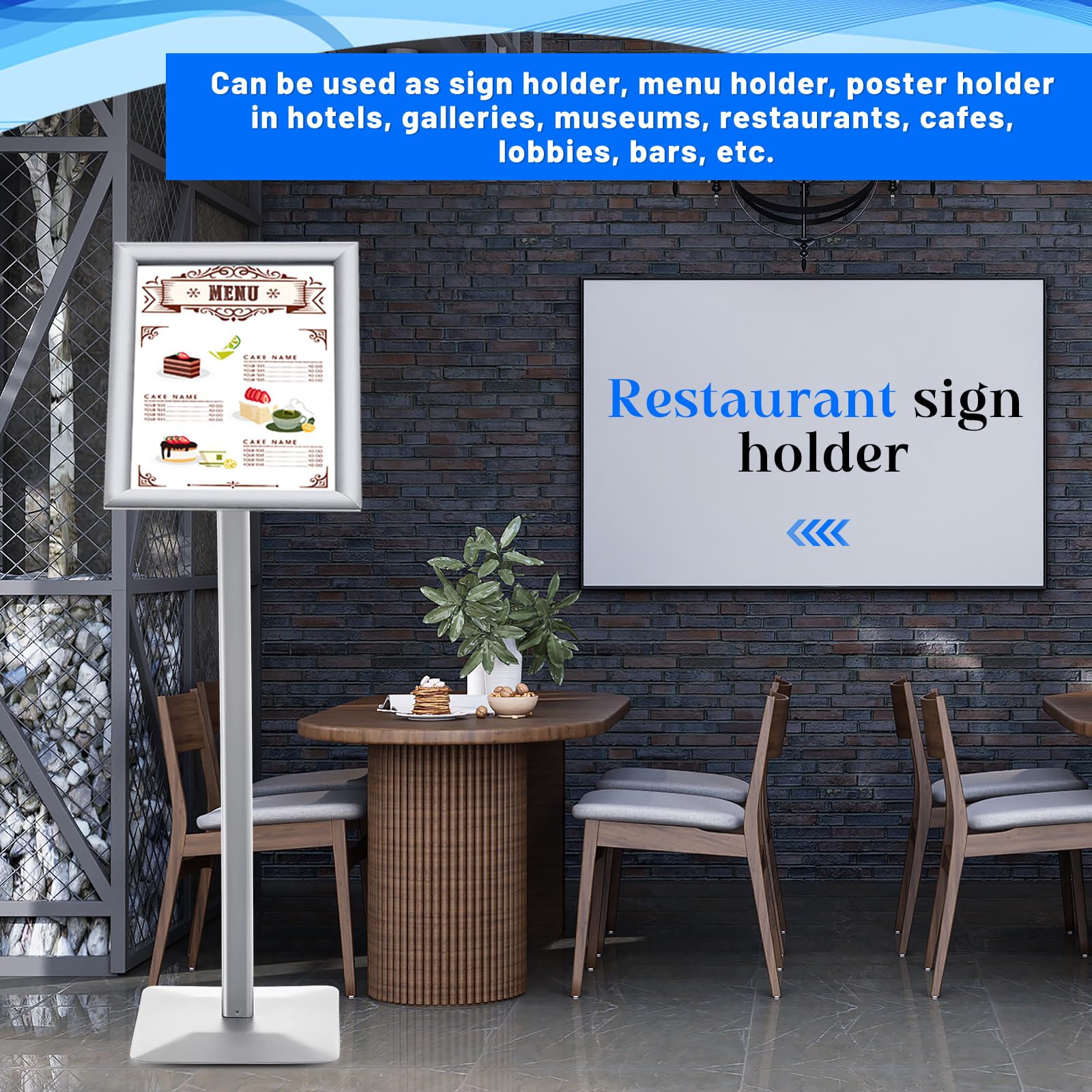 Yaocom Tablón curvo para menú, resistente, soporte para letreros de pie, aleación de aluminio, carga frontal, fácil de abrir, póster para mensajes, restaurante, cafetería, hotel (plata, 11.02 x 17.01