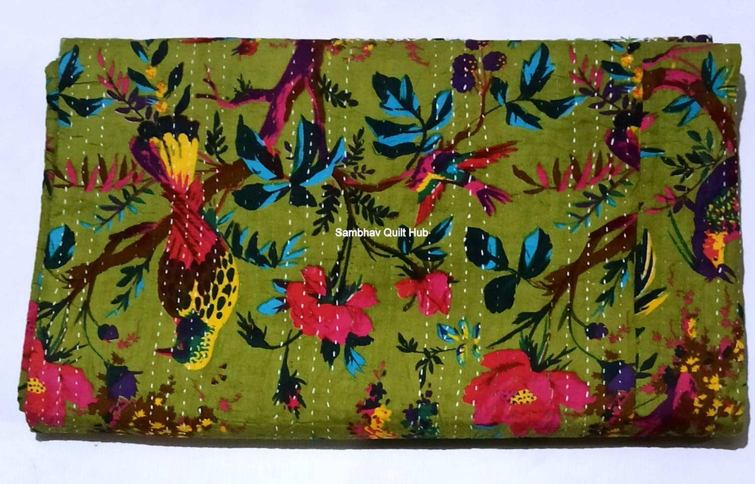 Yellow Floral Bird Kantha Quilt Reversible Kantha Bedding Quilt Bedspread Blanket Hippie Bohemian Kantha Quilting King/Queen Home Decor Bird Kantha Quilt with 2 Pillow Cover (60X90 inches)