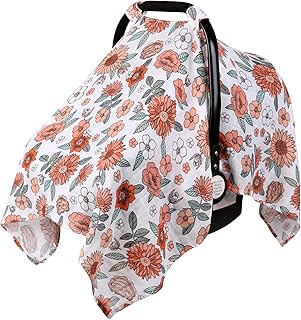 Rquite Car Seat Cover, Muslin Cotton Infant Car Seat Canopy, Breathable Baby Carrier Cover, Summer Stroller Sun Shade, Flower