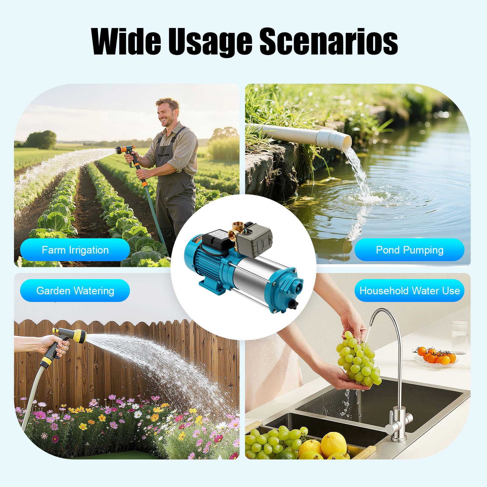 Selbstansaugende Kreiselpumpe, 1300W Edelstahl Hauswasserwerk Gartenpumpe Wasserpumpe Bewässerungspumpe mit Druckschalter und Manometer für Teichbewässerung Gartenbewässerung Brunnenmodellierung