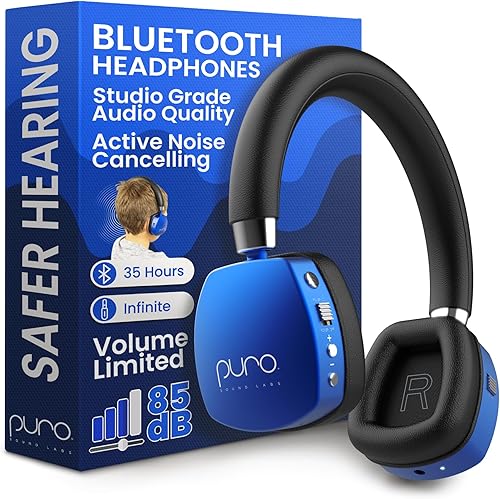 Puro Sound Labs PuroQuiet Plus Volume Limited - Auriculares Bluetooth con cancelación activa de ruido, audífonos ligeros para niños con micrófono