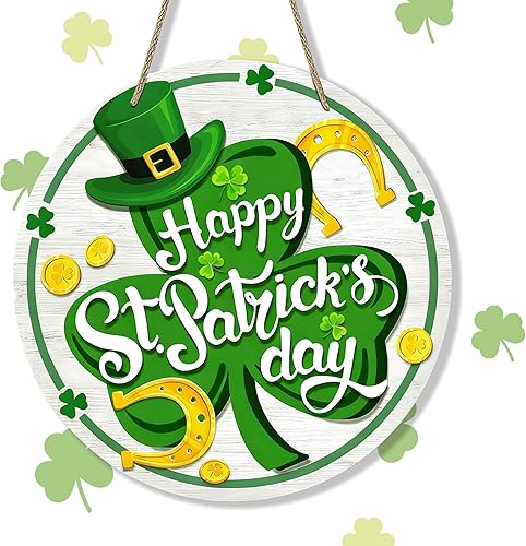 Decoración de puerta del Día de San Patricio, trébol verde de granja, colgador de puerta de madera, corona de madera rústica de primavera, placa de