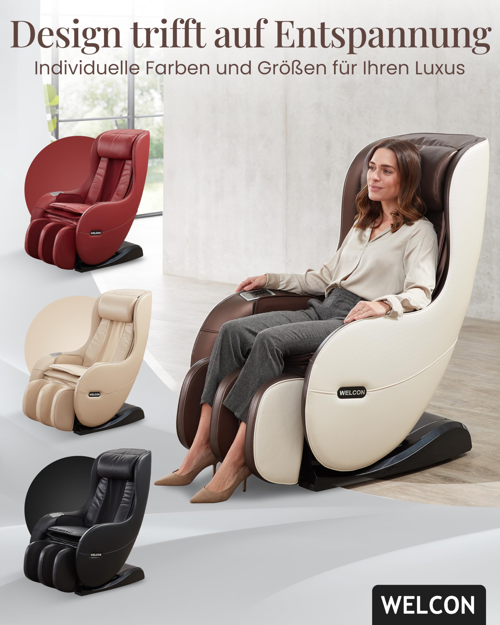 WELCON EASYRELAXX Massagesessel elektrisch in Beige-Braun – L-Shape Relaxsessel mit Automatikprogrammen, Knetmassage & Klopfmassage, Ganzkörper-Massagestuhl für Zuhause