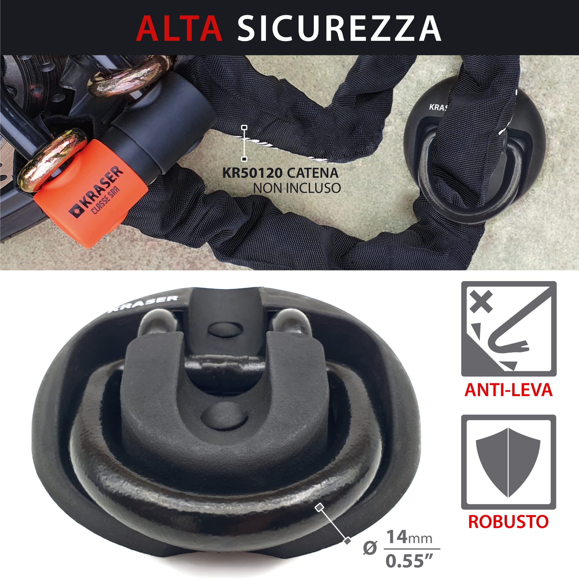 KRASER KR804 Ancoraggio Antifurto Moto Scooter Sicurezza Bicicletta Fissazione a Pavimento o a Parete, Anello Inclinabile Pieghevole, Fissaggio per Tasselli Antitrapano