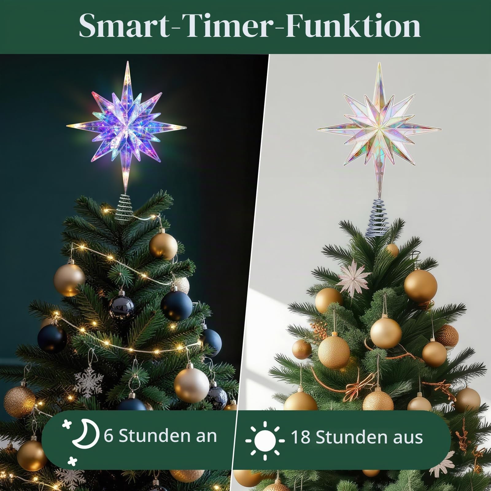 Lewondr Weihnachtsstern Baumspitze, 15,35" 20 LED Baumspitze, Fernbedienung Und USB-Betriebene Bethlehem Polaris Baumspitze Für Zuhause, 6-Stunden-Timer 8 Modi Weihnachtsdekoration, Farbiges Licht