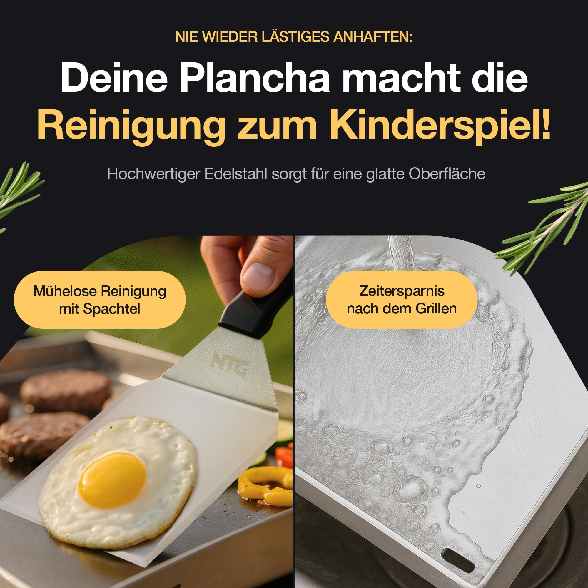 NTG - Płyta grillowa ze stali nierdzewnej 4 mm [40 x 30 cm] – Plancha z odpływem tłuszczu i szpachelką do grilla – do grilla gazowego i węglowego – odporne na odkształcenia akcesoria do grilla