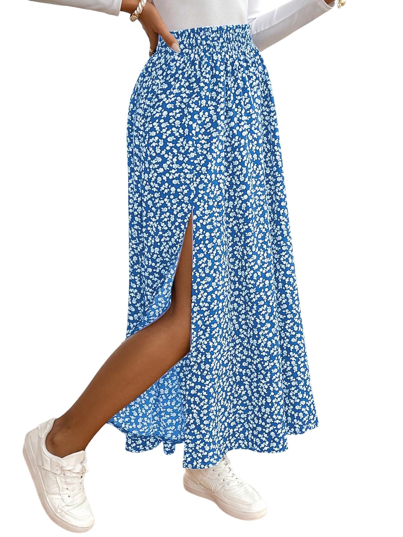 GORGLITTER Gonna lunga estiva boho midi con spacco motivo floreale, gonna a vita alta, gonna a fiori, casual, per il tempo libero, gonna da spiaggia