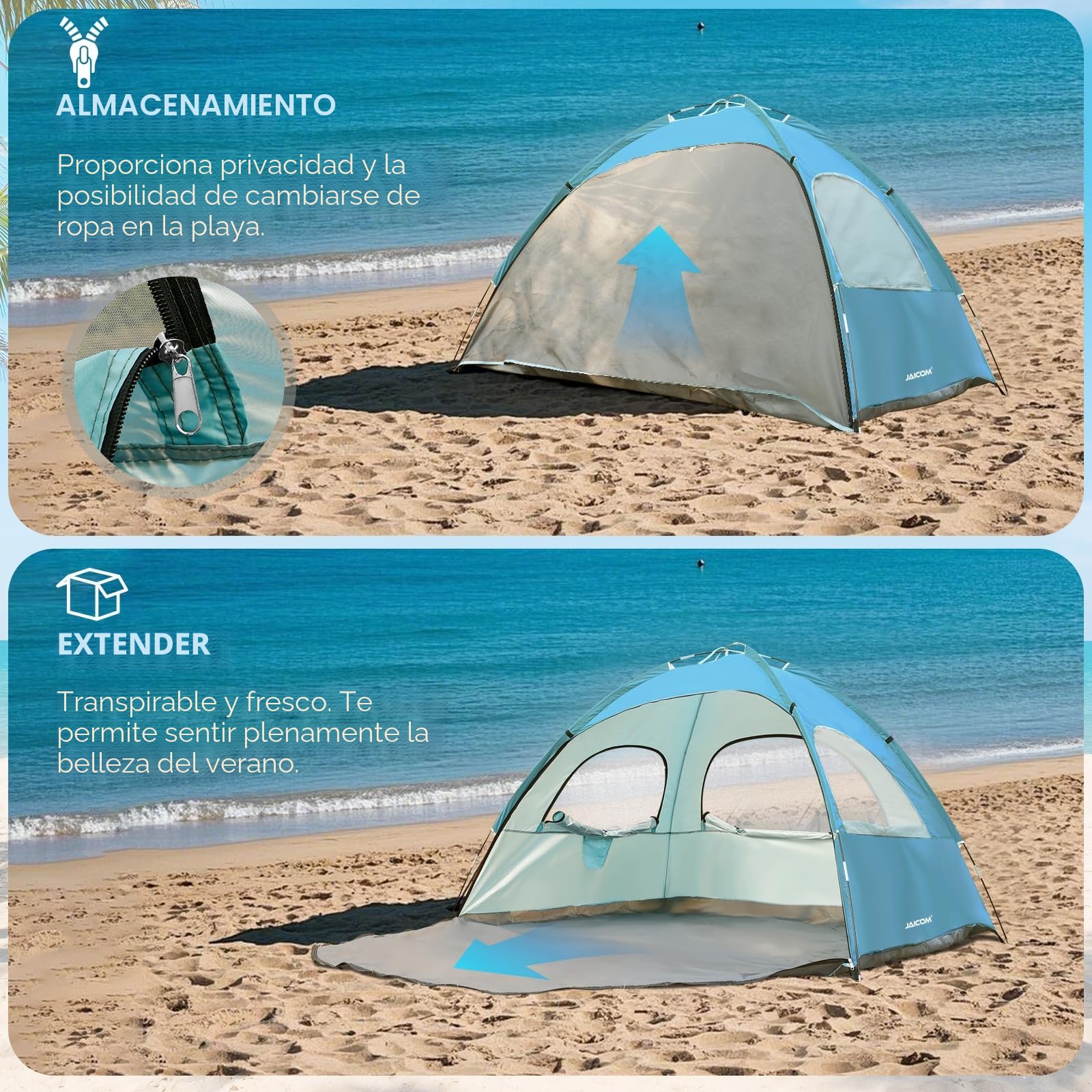 JAICOM Tienda de campaña playa 2-3 personas UPF 50+ UV ligera montaje rápido 3 ventanas ventiladas familia