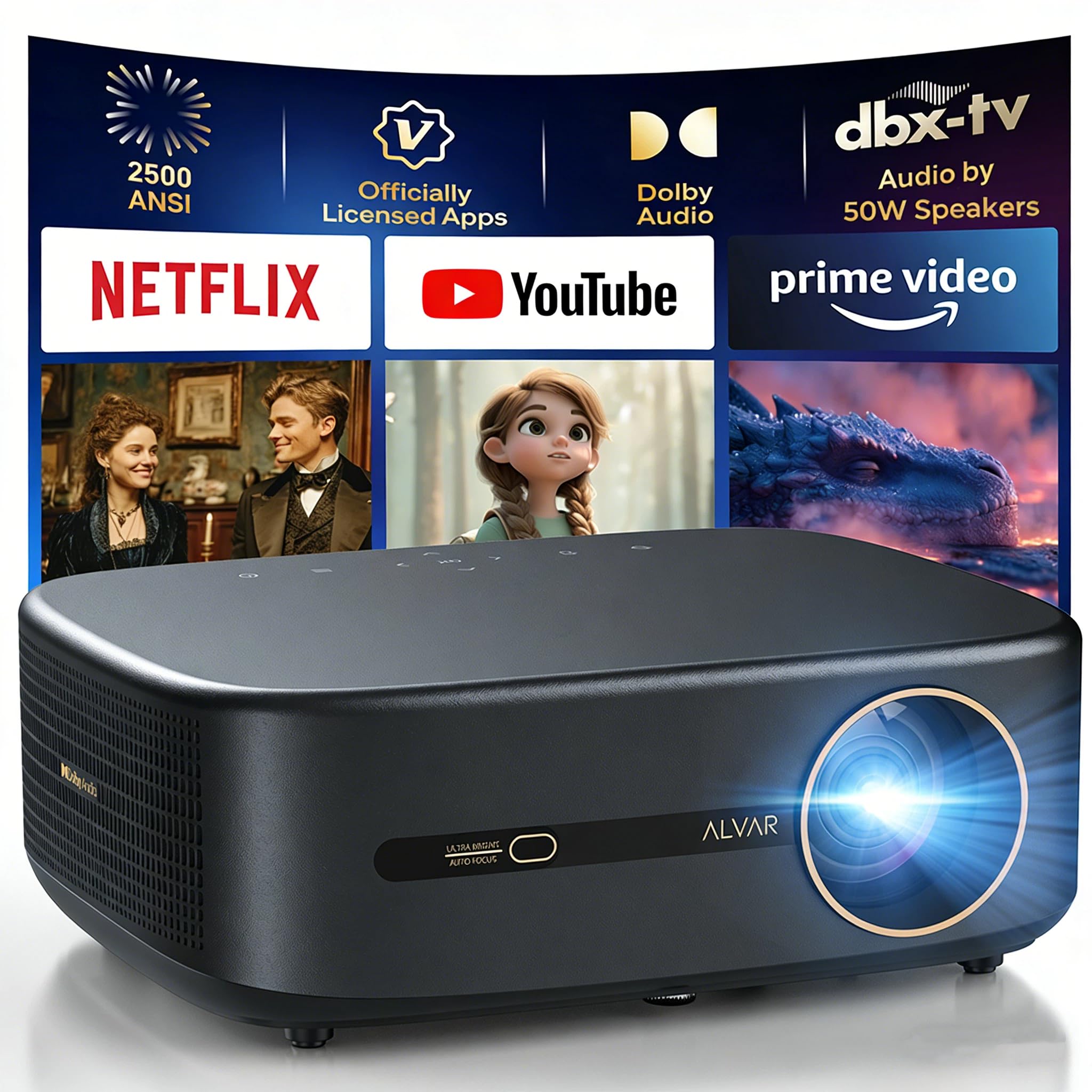 Alvar Smart Projector 2026 Upgraded, 2500 ANSI, 4K Supported, Built in NetfIix App, DoIby Audio & 50W Speakers, Auto Focus, WiFi 6, Bluetooth 5.3,