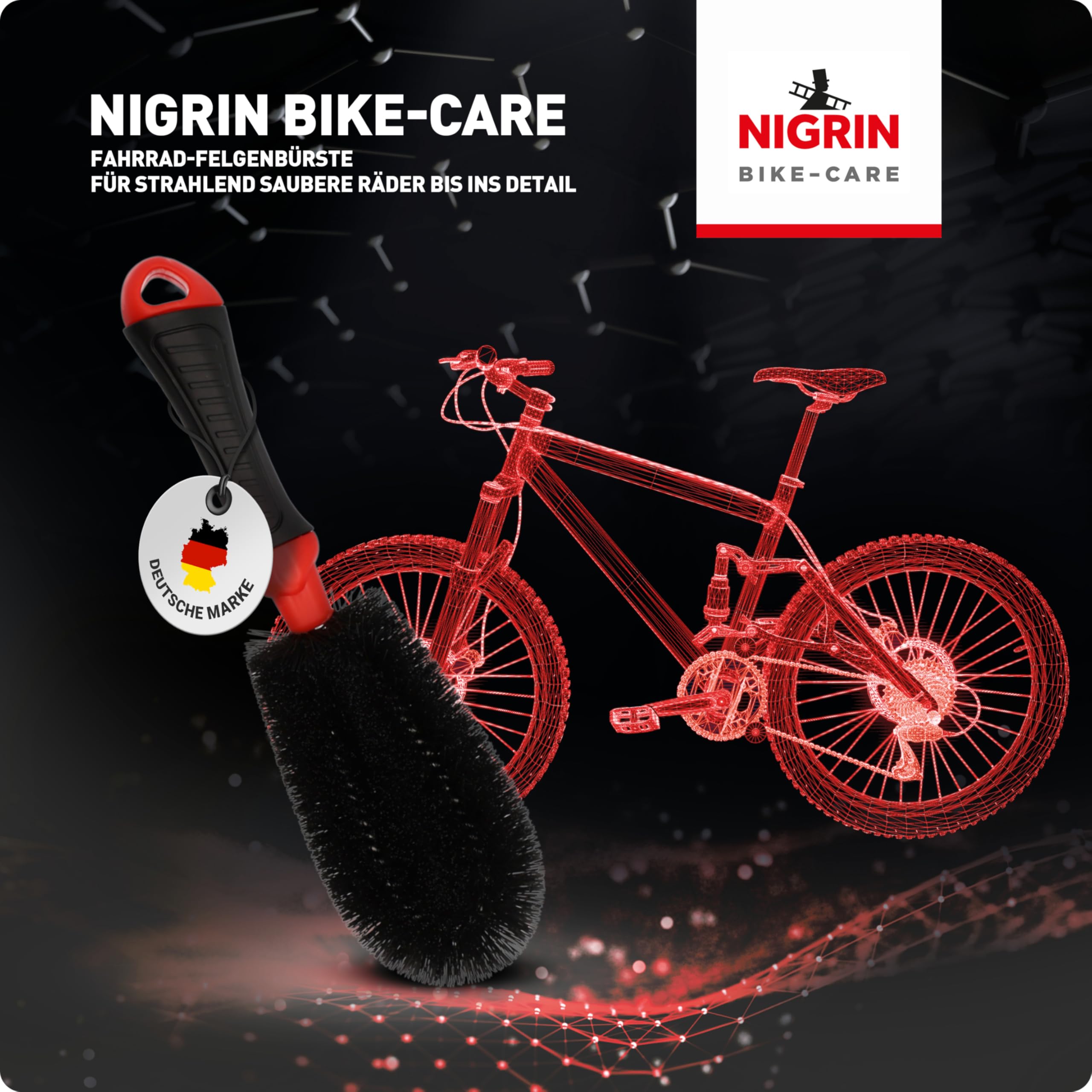 NIGRIN Bike Care szczotka do czyszczenia felg, wysokiej jakości szczotka uniwersalna, idealna do felg, szprych, kół jezdnych i piast, odporny na uderzenia i antypoślizgowy uchwyt, czarny, czerwony, 1