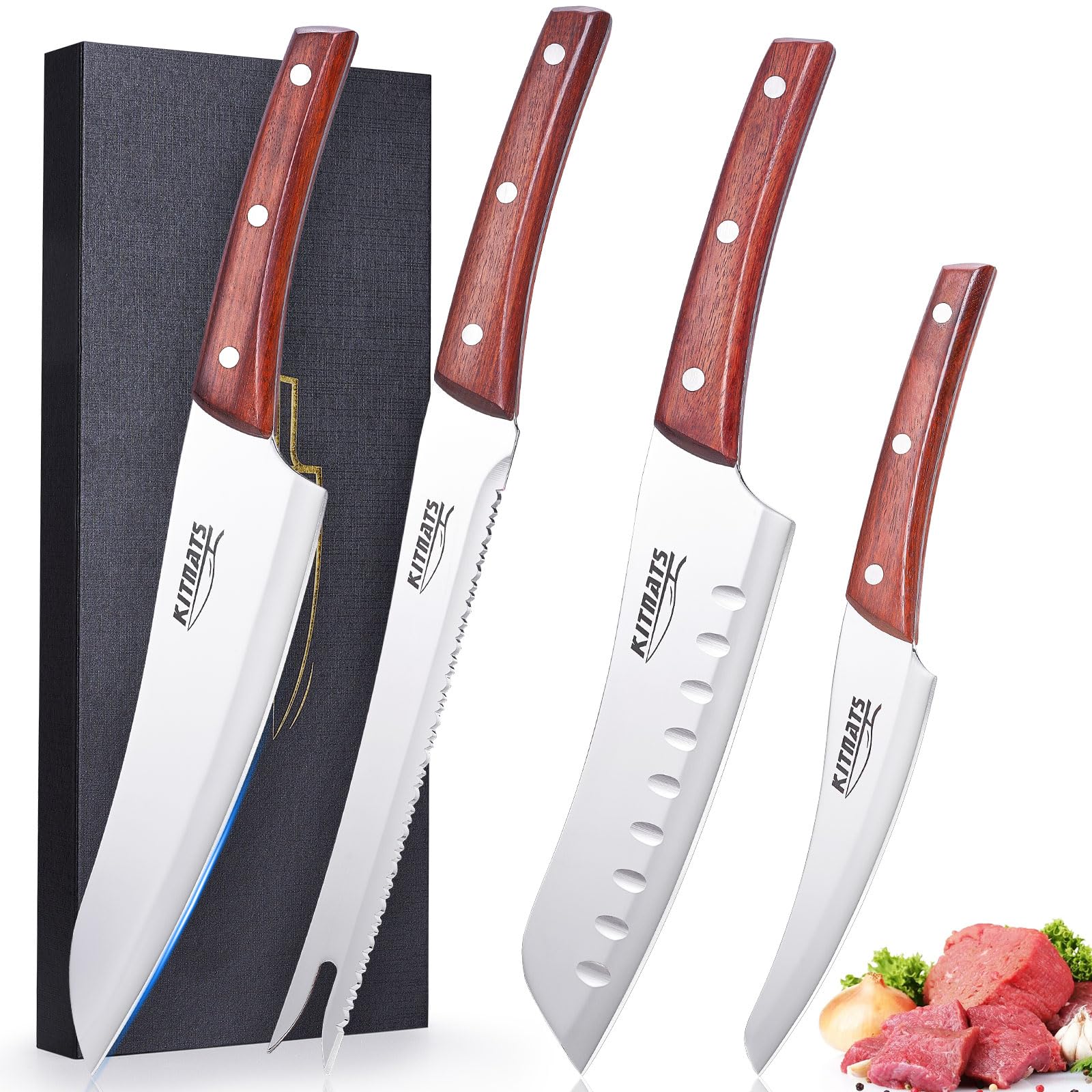 KITNATS Chef Knife Sets 4 PCS, Ultra Sharp Mirror Finished Kitchen Knife Sets,Meat Cutting Kitchen Knife Set for Cooking Home Kitchen Camping BBQ with Gift Box
